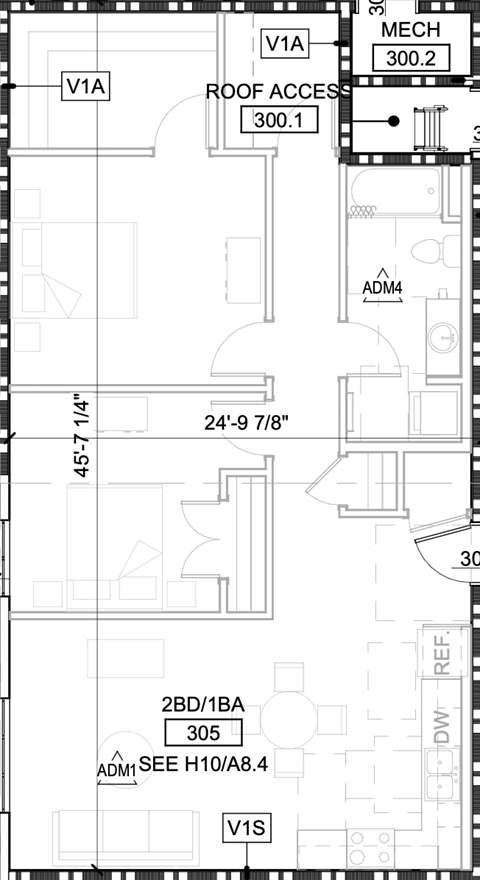 Floor plan for 2 beds, 1 bath, 966 sqft